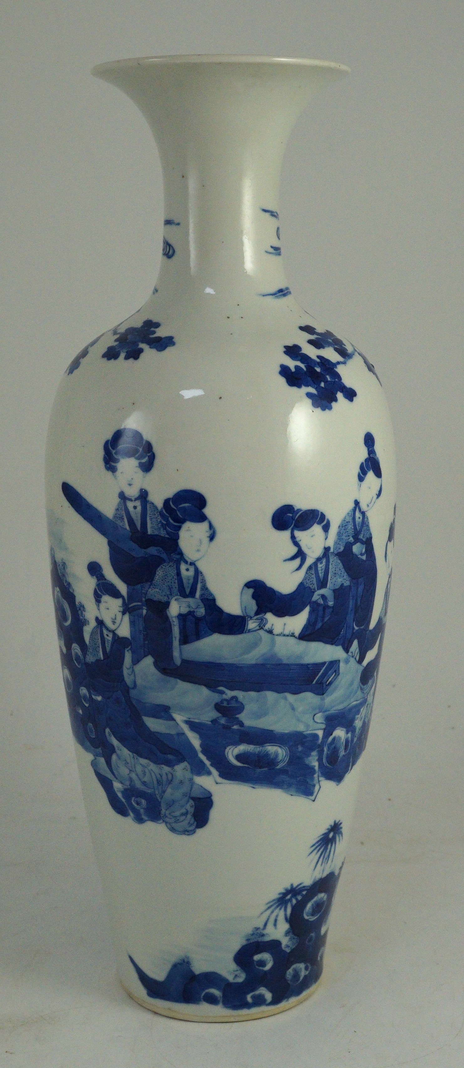 A tall Chinese blue and white ladies vase, laifu zun, 19th century, 44.5cm high, neck restored